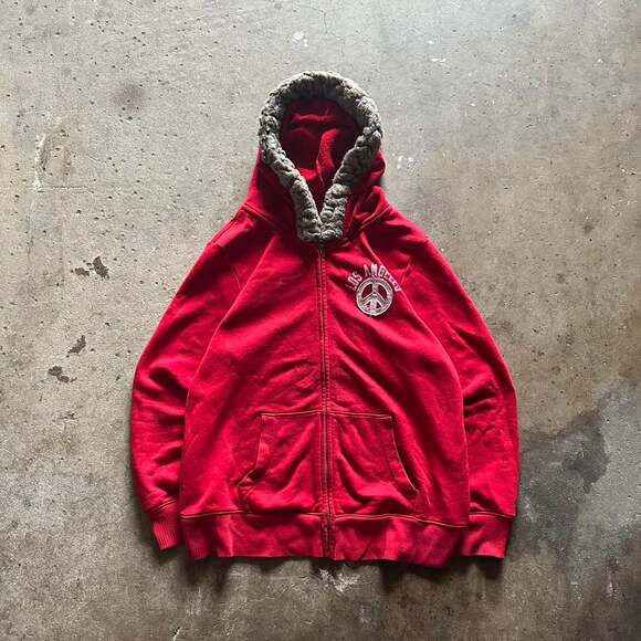 Hollister Co. Tops - Vintage Y2K Hollister Crimson Red Fur Trim Zip Up Hoodie - Size L
